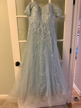 Light Blue Lace & Tulle Off-Shoulder Dress